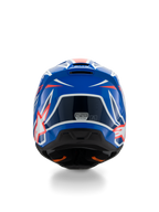 Casque Alpinestars S-M3 Youth Wurx ECE 22.06, casque de motocross, bleu, rouge et blanc, vue arrière montrant le design aérodynamique avec des extracteurs d'air, finition brillante avec des accents graphiques vifs et autocollant de certification de sécurité.