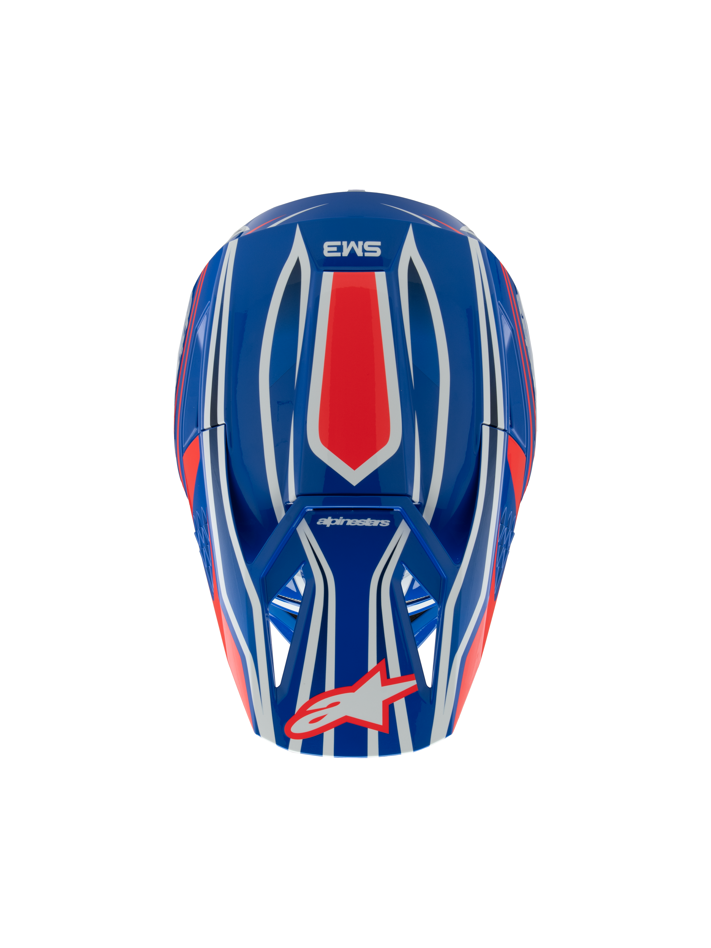 Casque Alpinestars S-M3 Youth Wurx, casque de motocross, bleu, rouge, blanc et noir brillant, vue de dessus montrant des motifs graphiques rouges et blancs, logo Alpinestars sur la visière, protection de tête spécialisée pour les jeunes en tout-terrain