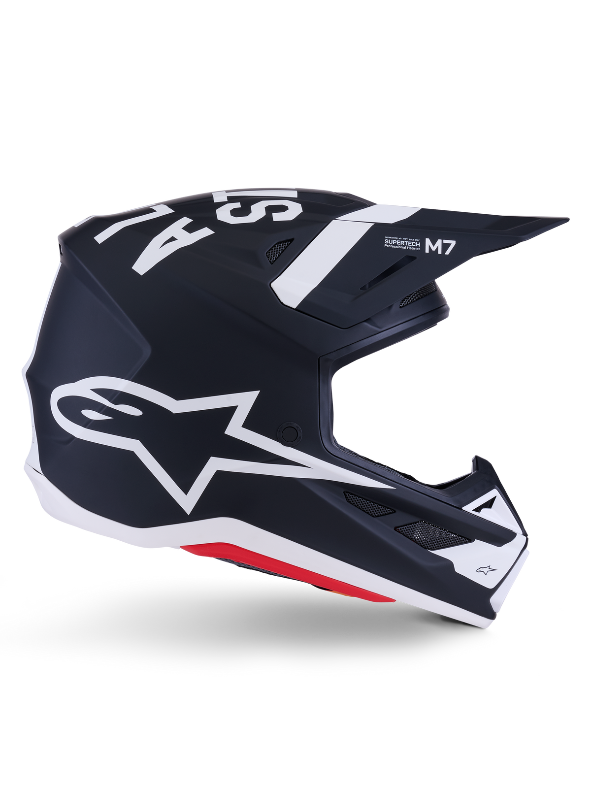 Alpinestars S-M7 Dasher Helm, Motocross-Helm, Schwarz Weiß Matt mit roten Akzenten, großes weißes Alpinestars Stern-Logo an der Seite, aerodynamisches Visier und Belüftungsöffnungen, mattes Finish, ECE 22.06 zertifiziert für Offroad-Rennsport