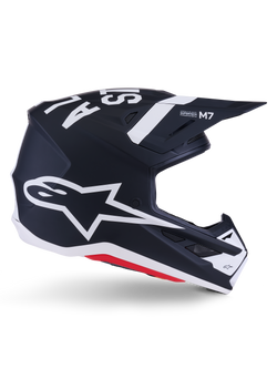 Alpinestars S-M7 Dasher Helmet, Motocross Helmet, Black White Matt with Red accents, featuring large white Alpinestars star logo on the side, aerodynamic visor and ventilation ports, matte finish, ECE 22.06 certified for off-road racing