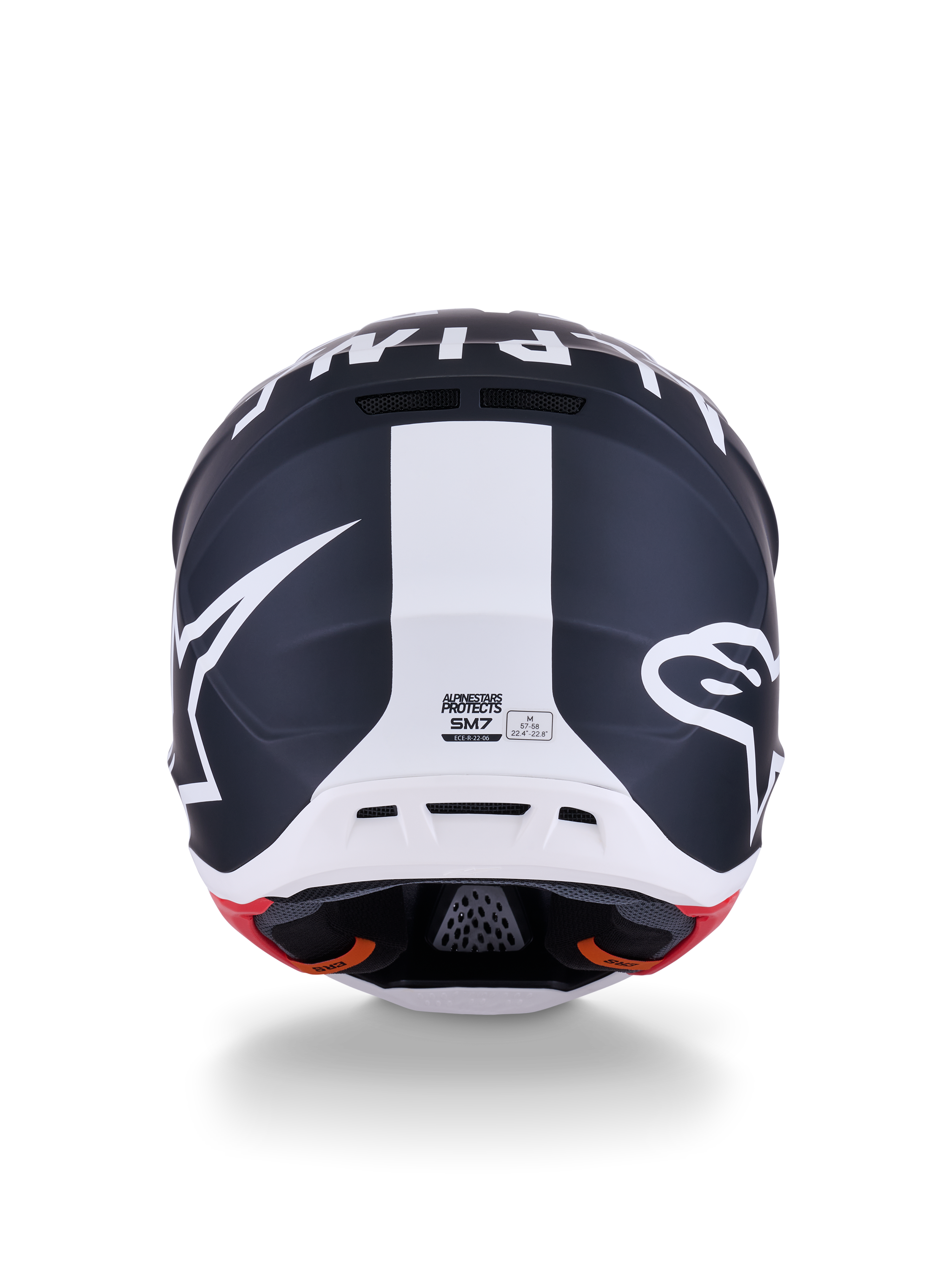 Alpinestars S-M7 Dasher Helmet, Motocross Helmet, Matte Black and White with Red accents, rear view featuring bold star logo and central white stripe, aerodynamic design for off-road racing