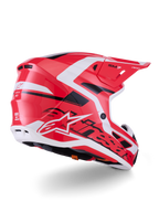 Alpinestars S-M7 Deed Helmet, Motocross Helmet, Red Black and White Glossy, featuring an aerodynamic shell with ventilation ports and bold Alpinestars branding, rear three-quarter view