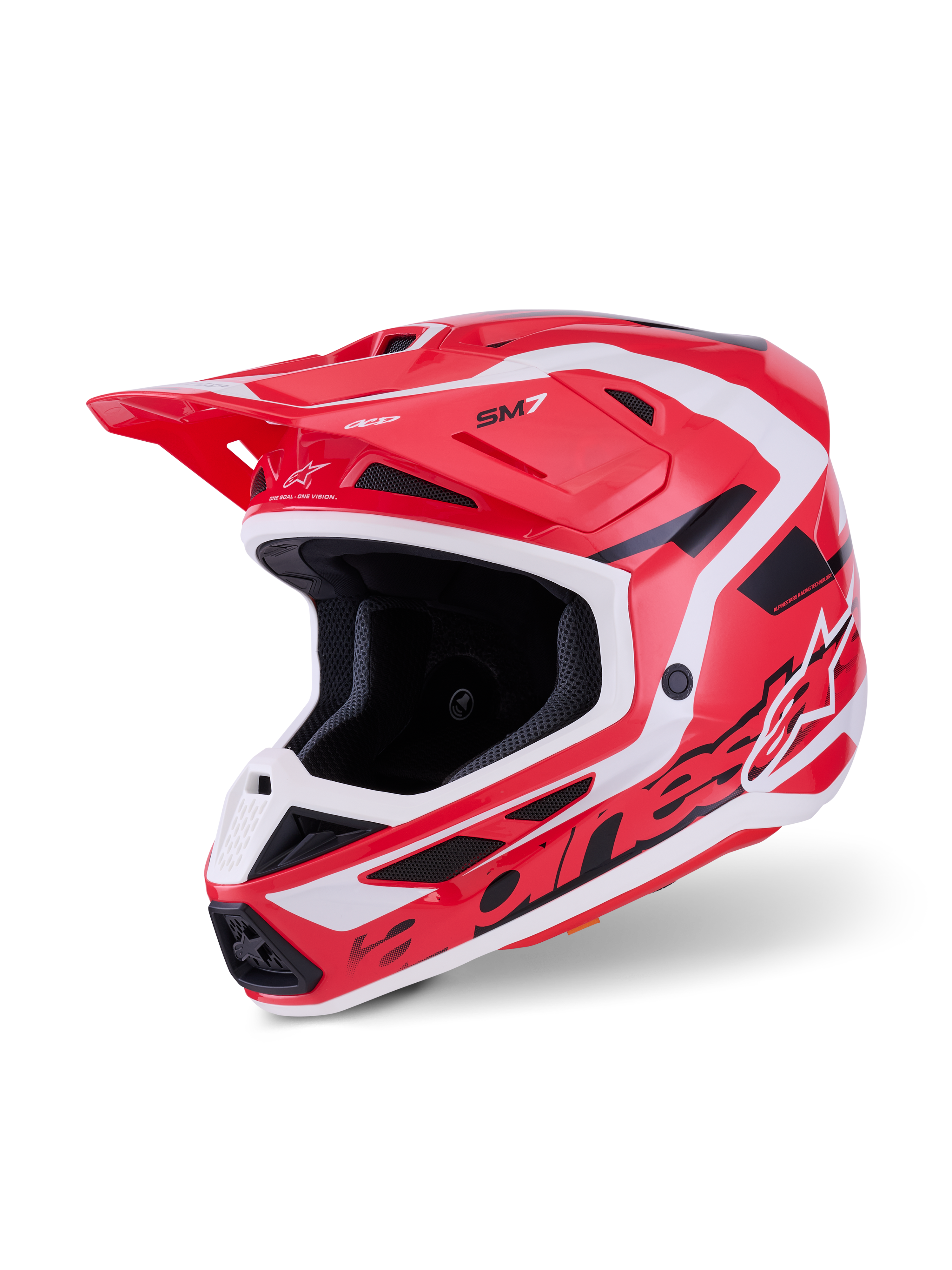 Alpinestars S-M7 Deed Helmet, Motocross Helmet, Red Black and White Glossy, featuring a sleek aerodynamic shell with bold branding, integrated ventilation ports, and a protective visor for off-road racing