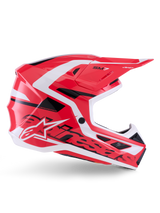 Alpinestars S-M7 Deed Helm, Motocross-Helm, Rot, Schwarz und Weiß glänzend, Seitenansicht, mit markantem Alpinestars-Branding und SM7-Logo, aerodynamische Verbundschale mit mehreren Belüftungsöffnungen, entwickelt für Offroad- und Motocross-Rennsport