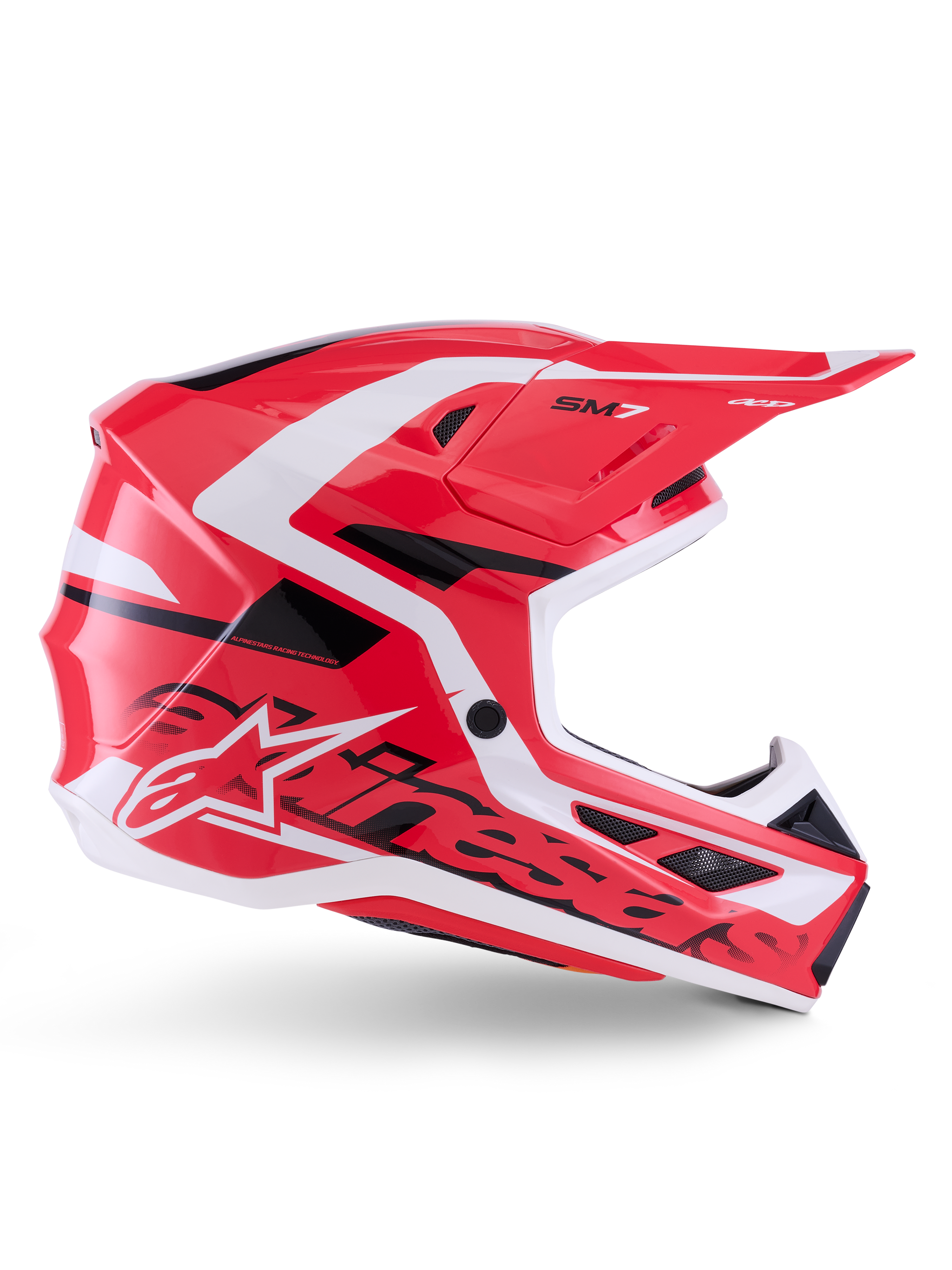 Alpinestars S-M7 Deed Helm, Motocross-Helm, Rot, Schwarz und Weiß glänzend, Seitenansicht, mit markantem Alpinestars-Branding und SM7-Logo, aerodynamische Verbundschale mit mehreren Belüftungsöffnungen, entwickelt für Offroad- und Motocross-Rennsport