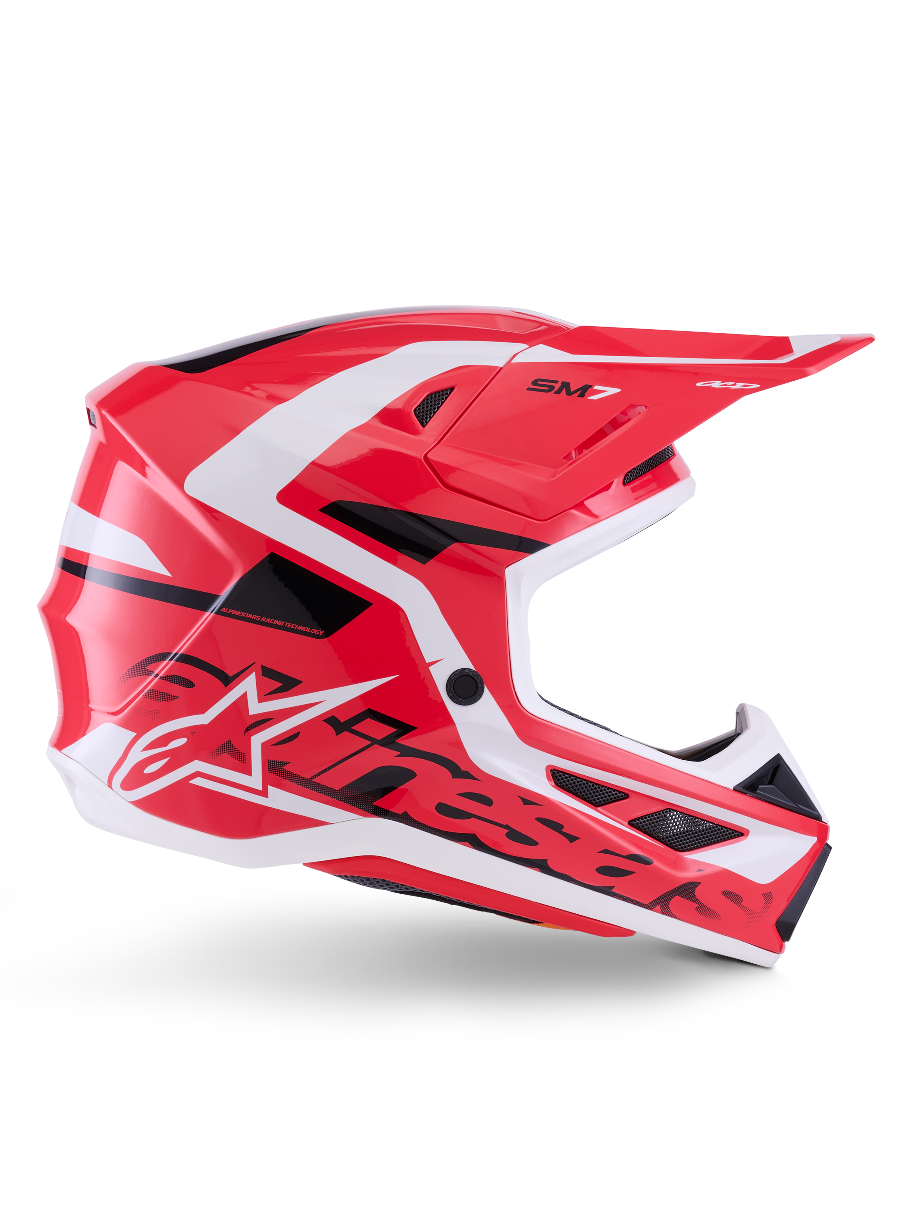 Alpinestars S-M7 Deed Helm, Motocross-Helm, Rot, Schwarz und Weiß glänzend, Seitenansicht, mit markantem Alpinestars-Branding und SM7-Logo, aerodynamische Verbundschale mit mehreren Belüftungsöffnungen, entwickelt für Offroad- und Motocross-Rennsport
