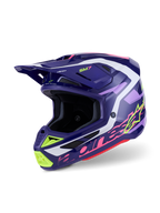 Alpinestars S-M7 Deed Helm, motorcrosshelm, paars roze glanzend, donkerpaarse basis met neongele, roze en witte accenten, aerodynamisch ontwerp met geïntegreerde ventilatieopeningen en een opvallende klep, hoogwaardige off-road hoofdbescherming