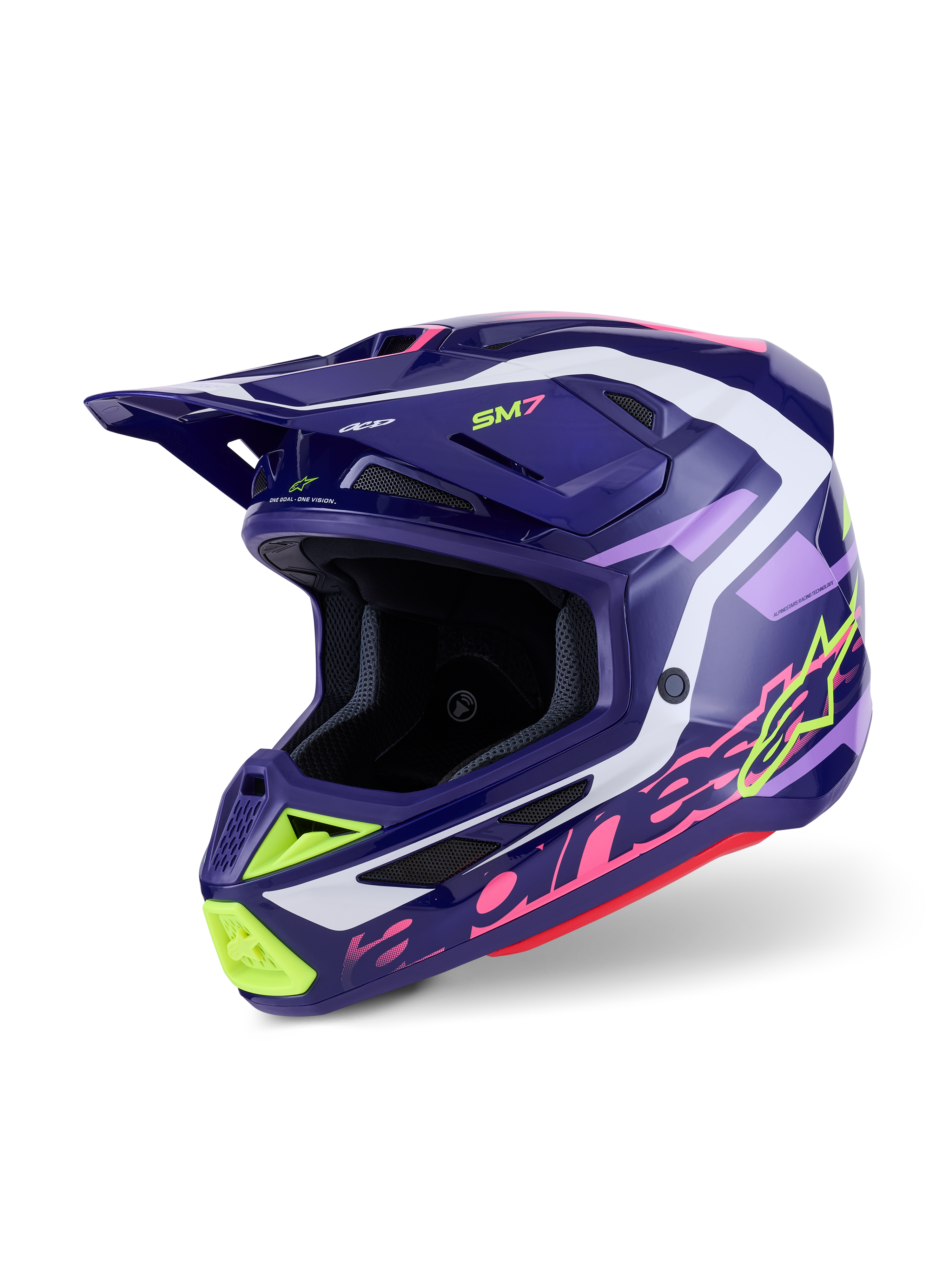Alpinestars S-M7 Deed Helm, motorcrosshelm, paars roze glanzend, donkerpaarse basis met neongele, roze en witte accenten, aerodynamisch ontwerp met geïntegreerde ventilatieopeningen en een opvallende klep, hoogwaardige off-road hoofdbescherming