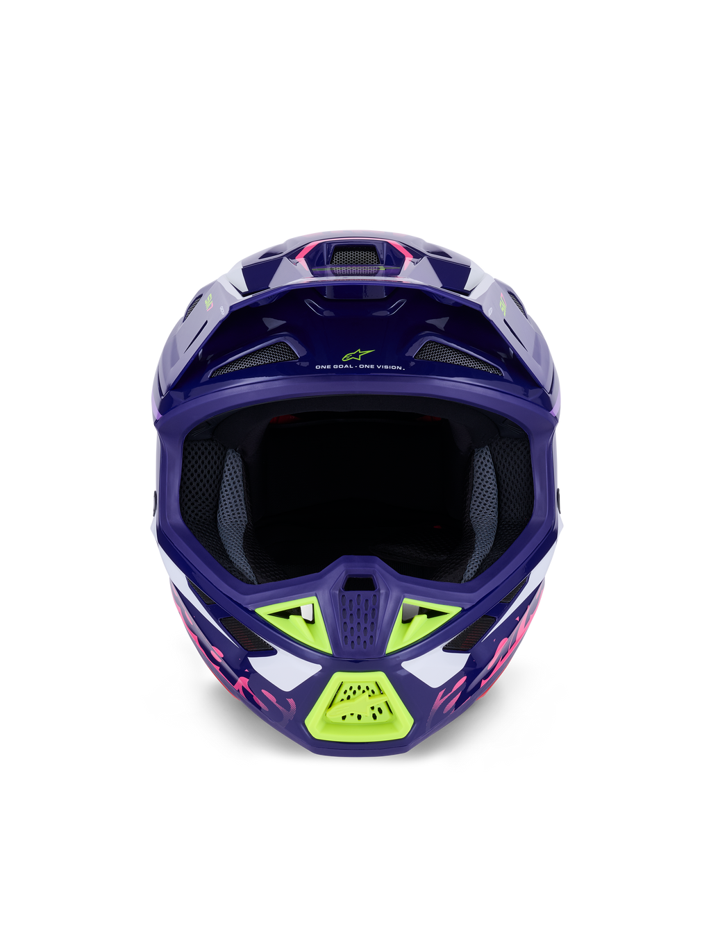 Alpinestars S-M7 Deed Helm ECE 22.06, motorcrosshelm, glanzend paars-roze met limoengroene en witte accenten, vooraanzicht met de brede oogopening en het ventilatiesysteem, aerodynamisch composietschaalontwerp voor off-road racen.