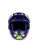 Alpinestars S-M7 Deed Helm ECE 22.06, motorcrosshelm, glanzend paars-roze met limoengroene en witte accenten, vooraanzicht met de brede oogopening en het ventilatiesysteem, aerodynamisch composietschaalontwerp voor off-road racen.
