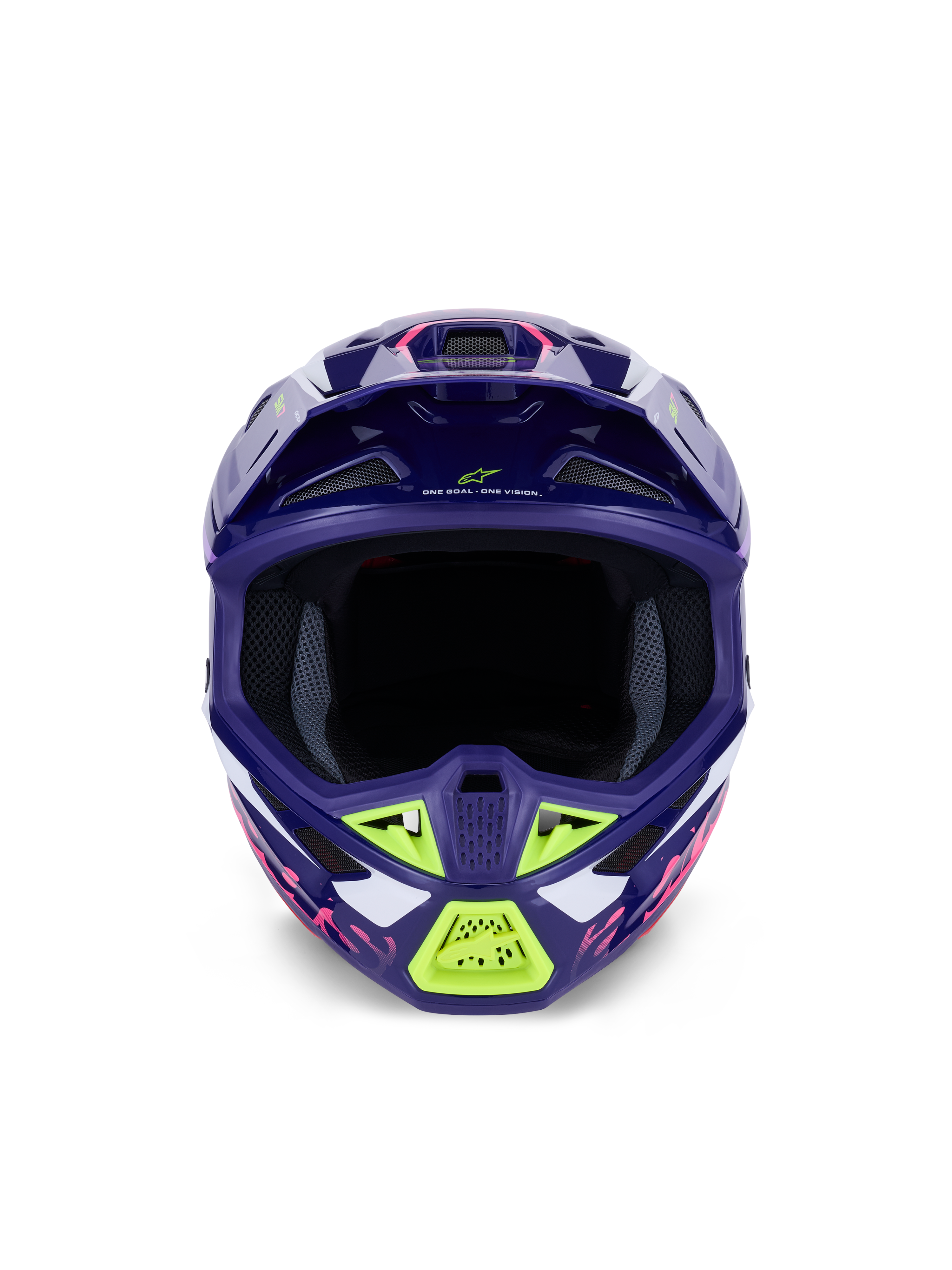 Alpinestars S-M7 Deed Helm ECE 22.06, motorcrosshelm, glanzend paars-roze met limoengroene en witte accenten, vooraanzicht met de brede oogopening en het ventilatiesysteem, aerodynamisch composietschaalontwerp voor off-road racen.