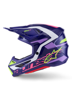 Alpinestars S-M7 Deed motorcrosshelm, Purple Pink Glossy, zijaanzicht, voorzien van opvallende limoengroene en roze Alpinestars-branding, aerodynamische schaal met witte en lichtpaarse accenten, glanzende afwerking, ontworpen voor off-road racen