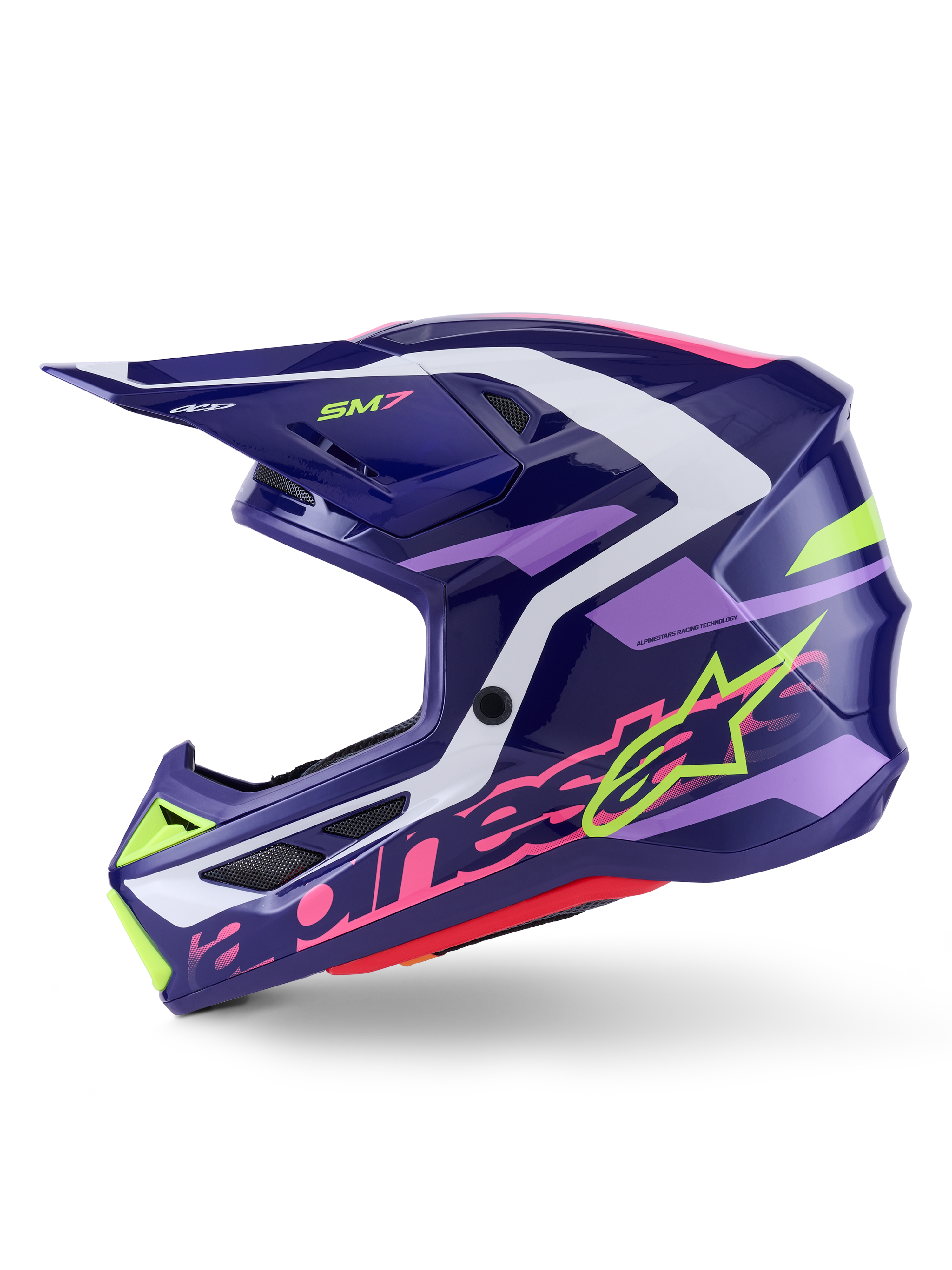 Alpinestars S-M7 Deed motorcrosshelm, Purple Pink Glossy, zijaanzicht, voorzien van opvallende limoengroene en roze Alpinestars-branding, aerodynamische schaal met witte en lichtpaarse accenten, glanzende afwerking, ontworpen voor off-road racen