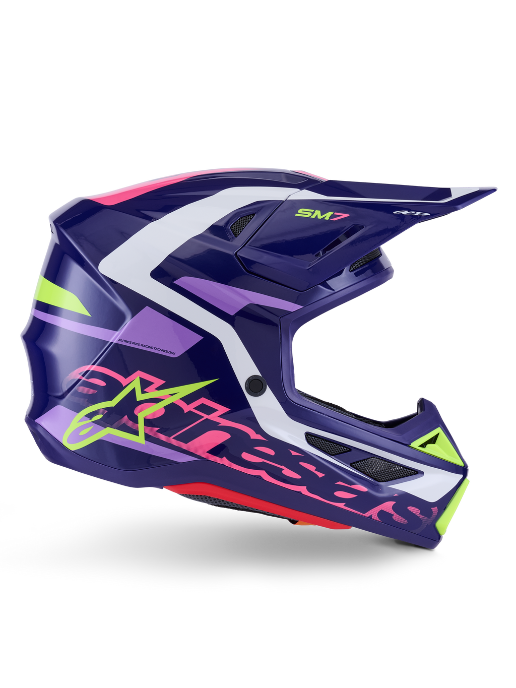 Alpinestars S-M7 Deed Helm, motorcrosshelm, Purple Pink Glossy, zijaanzicht, met witte en limegroene grafische accenten, SM7-branding en opvallend Alpinestars-logo, aerodynamisch composiet schaalontwerp voor off-road racen
