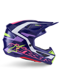 Alpinestars S-M7 Deed Helm, motorcrosshelm, Purple Pink Glossy, zijaanzicht, met witte en limegroene grafische accenten, SM7-branding en opvallend Alpinestars-logo, aerodynamisch composiet schaalontwerp voor off-road racen