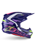 Alpinestars S-M7 Deed Helm, motorcrosshelm, Purple Pink Glossy, zijaanzicht, met witte en limegroene grafische accenten, SM7-branding en opvallend Alpinestars-logo, aerodynamisch composiet schaalontwerp voor off-road racen