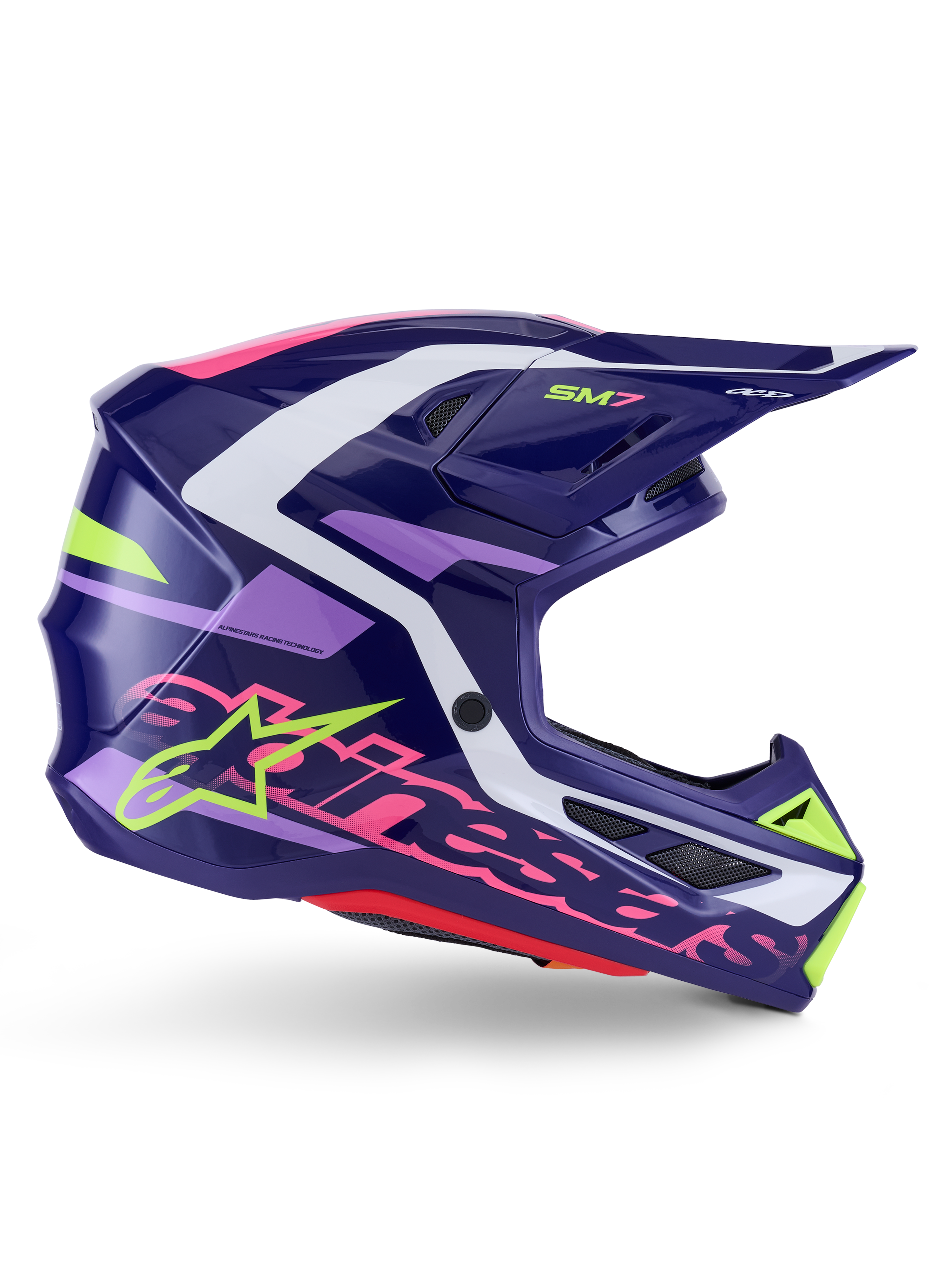 Alpinestars S-M7 Deed Helm, motorcrosshelm, Purple Pink Glossy, zijaanzicht, met witte en limegroene grafische accenten, SM7-branding en opvallend Alpinestars-logo, aerodynamisch composiet schaalontwerp voor off-road racen