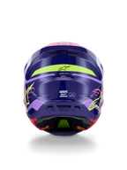 Alpinestars S-M7 Deed Helm ECE 22.06, motorcrosshelm, achteraanzicht in glanzend paars-roze, voorzien van neongele en roze graphics, aerodynamische composietschaal met SM7-branding en certificeringsmarkeringen, hoogwaardige off-road race-uitrusting