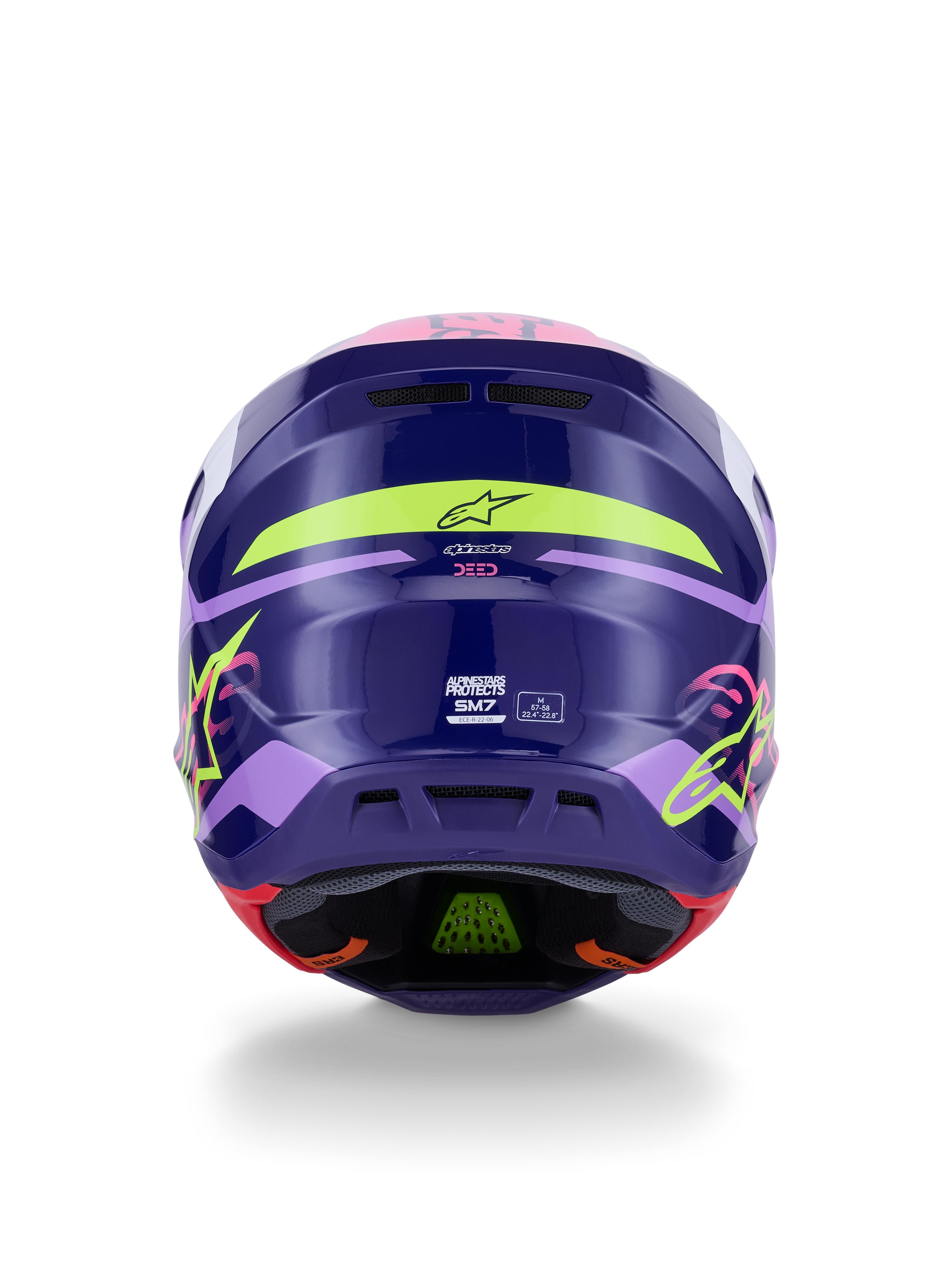 Alpinestars S-M7 Deed Helm ECE 22.06, motorcrosshelm, achteraanzicht in glanzend paars-roze, voorzien van neongele en roze graphics, aerodynamische composietschaal met SM7-branding en certificeringsmarkeringen, hoogwaardige off-road race-uitrusting