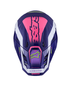 Alpinestars S-M7 Deed Helm, bovenaanzicht, Purple Pink Glossy, opvallende roze branding bovenop, witte accenten, limoengroene logo's, ventilatieopeningen, glanzende afwerking, hoogwaardige motorcrossbescherming
