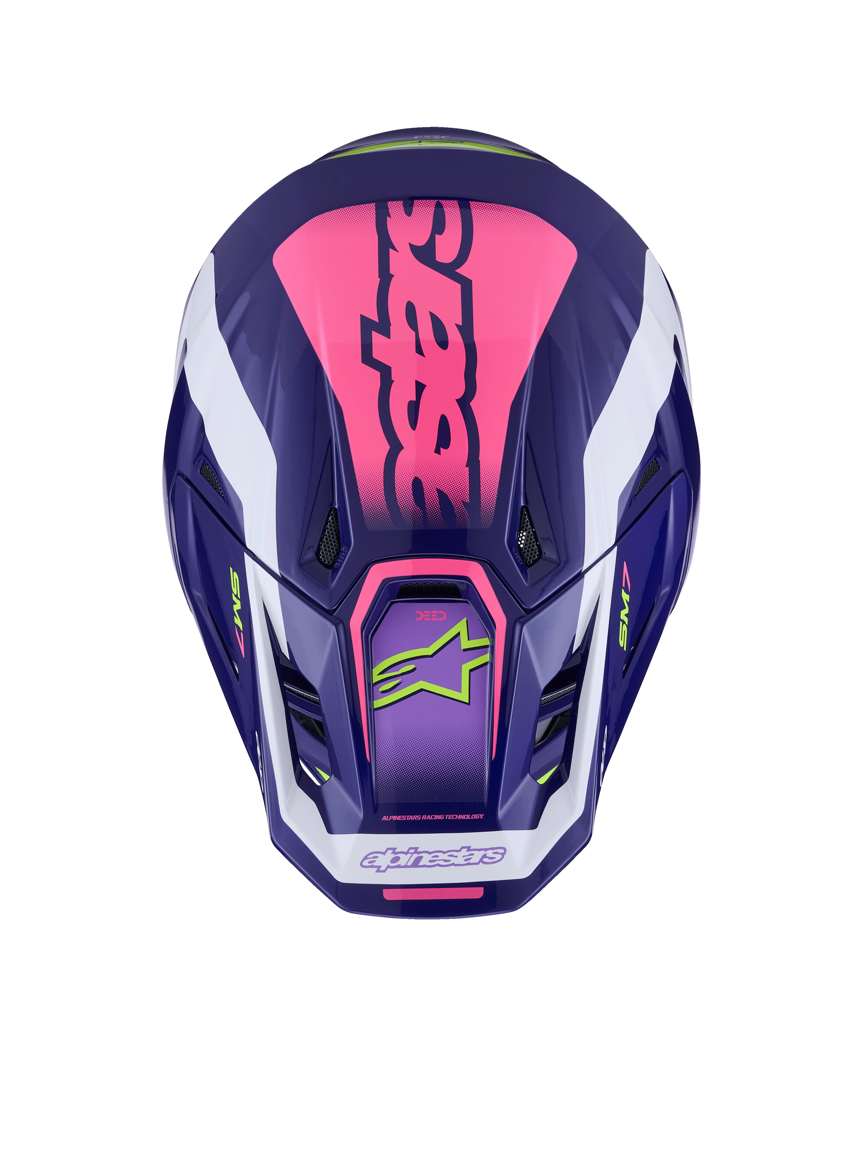 Alpinestars S-M7 Deed Helm, bovenaanzicht, Purple Pink Glossy, opvallende roze branding bovenop, witte accenten, limoengroene logo's, ventilatieopeningen, glanzende afwerking, hoogwaardige motorcrossbescherming