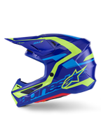 Alpinestars S-M7 Deed Helmet, Motocross Helmet, Blue Yellow Fluo Glossy, side view, sleek aerodynamic composite shell with vibrant yellow and light blue graphics, featuring mesh-covered ventilation ports and visor for off-road performance