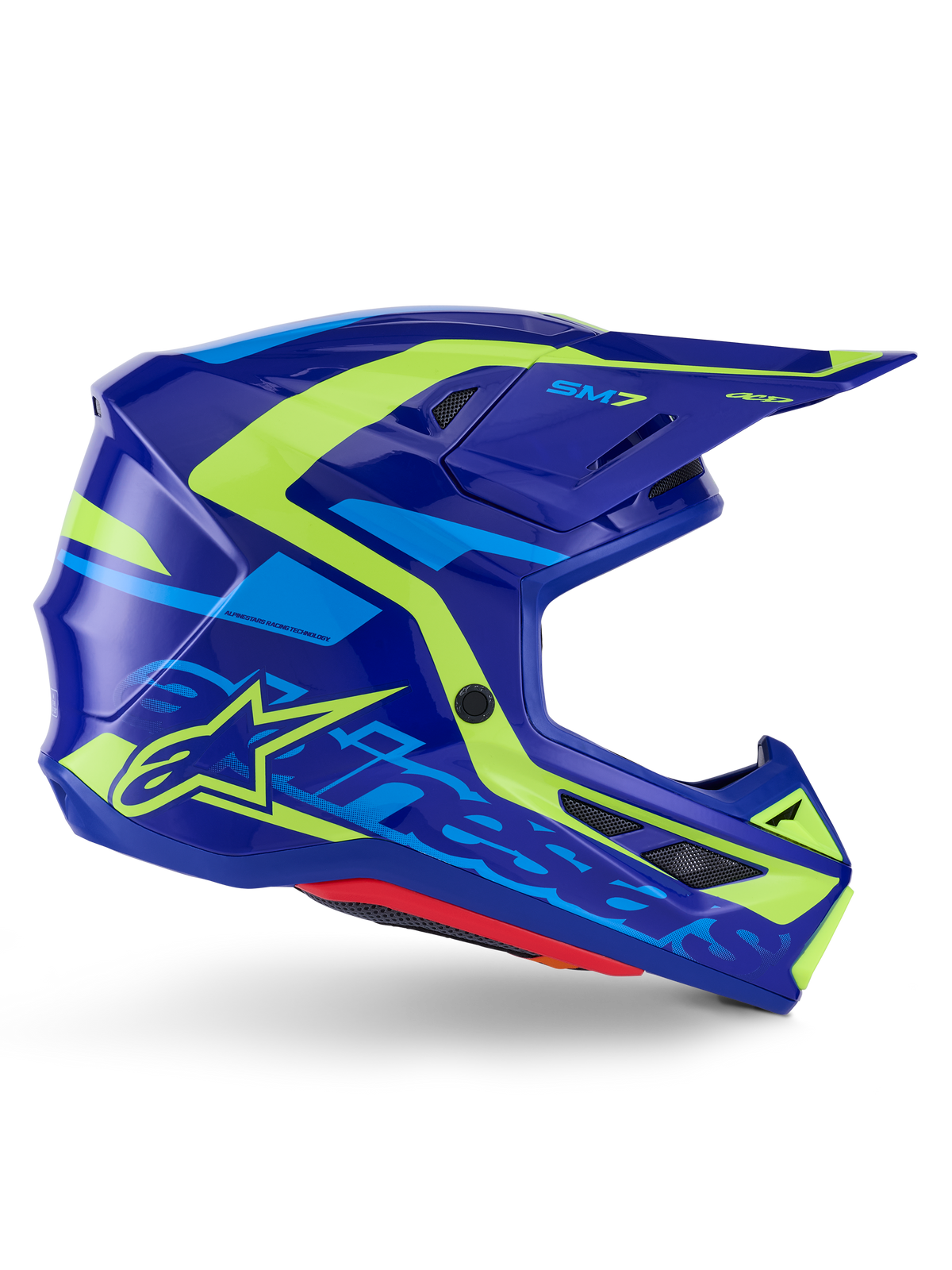 Alpinestars S-M7 Deed Helm ECE 22.06, Motocross-Helm, Blau Gelb Fluo Glänzend, Seitenprofil-Ansicht mit aerodynamischer Schale, markantem Alpinestars-Branding, leuchtend gelben und hellblauen Grafikakzenten, mehreren Belüftungsöffnungen und integriertem Visierdesign für Elite-Offroad-Rennsport