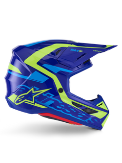 Alpinestars S-M7 Deed Helmet ECE 22.06, casque de motocross, bleu et jaune fluo brillant, vue de profil présentant une coque aérodynamique avec marquage Alpinestars distinctif, accents graphiques jaune vif et bleu clair, multiples ports de ventilation et visière intégrée pour la course tout-terrain d'élite