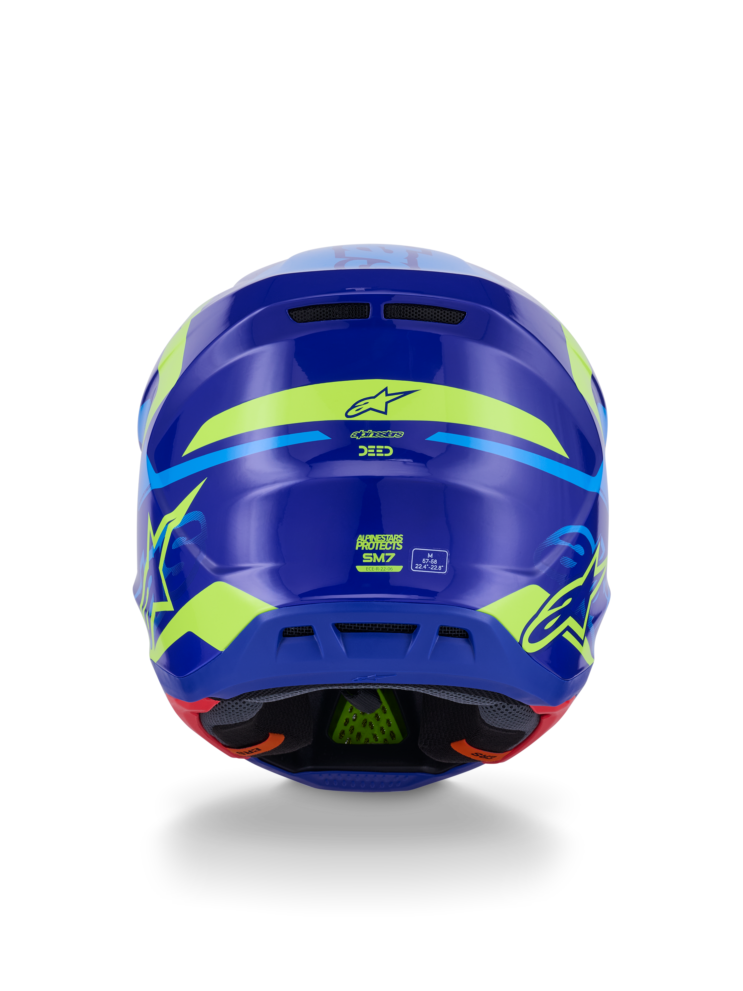 Alpinestars S-M7 Deed Helmet ECE 22.06, Motocross Helmet, Rear View, Blue Yellow Fluo Glossy, featuring bold fluorescent yellow graphics and star logos, rear exhaust ports, and visible internal padding with green PLASMA technology.