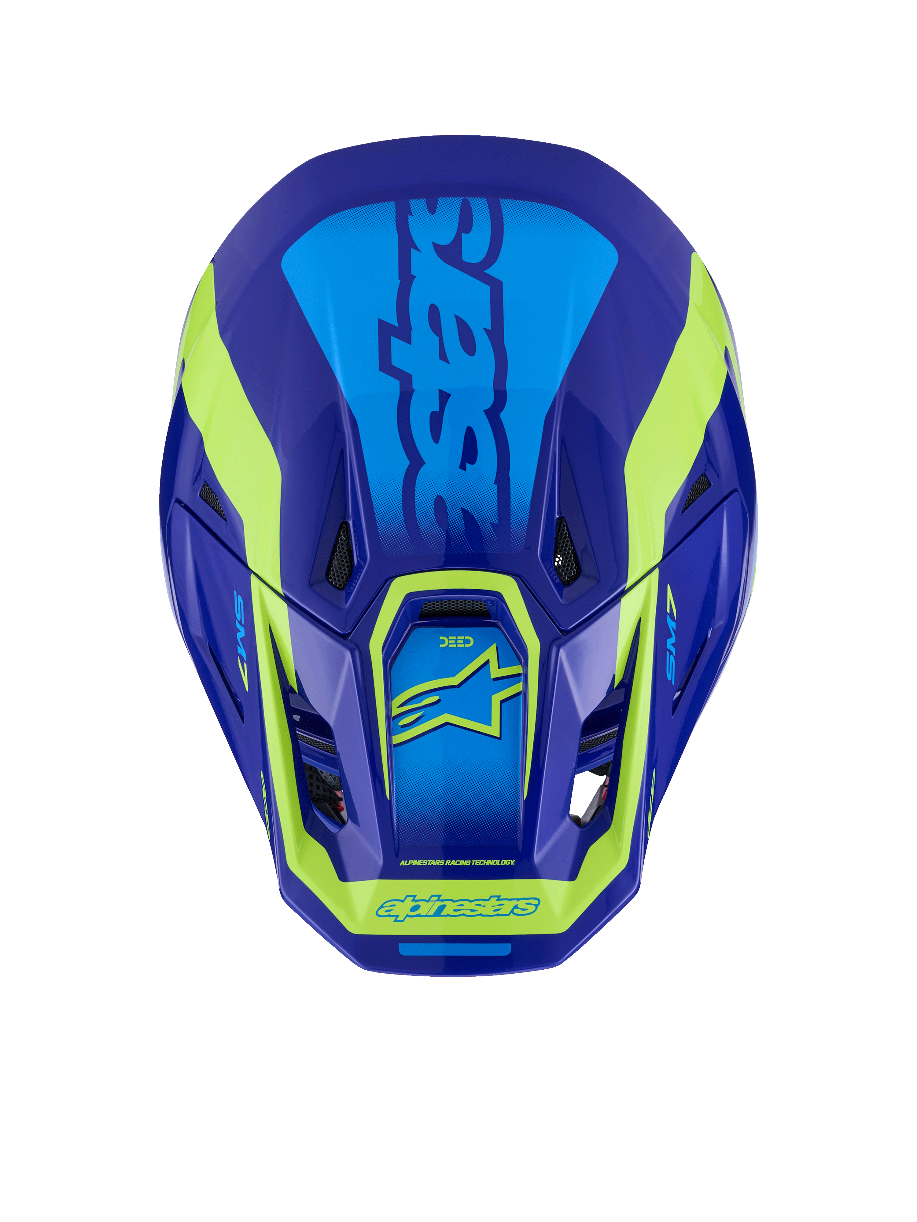 Alpinestars S-M7 Deed Helmet, Motocross Helmet, Blue and Yellow Fluo Glossy, top-down view showing the aerodynamic shell, ventilation ports, and distinctive fluo yellow branding against a deep blue finish.