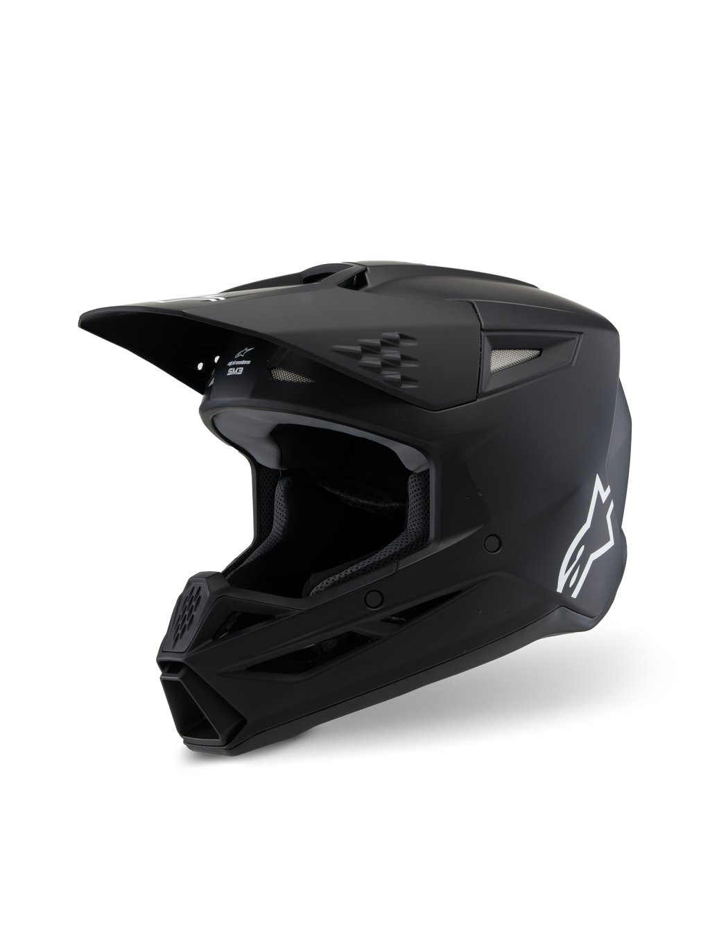 Alpinestars S-M3 Youth Solid Helmet ECE 22.06, Motocross Helmet, Matte Black, side profile view featuring a white Alpinestars logo, aerodynamic shell with ventilation ports and integrated visor, professional off-road head protection for youth riders