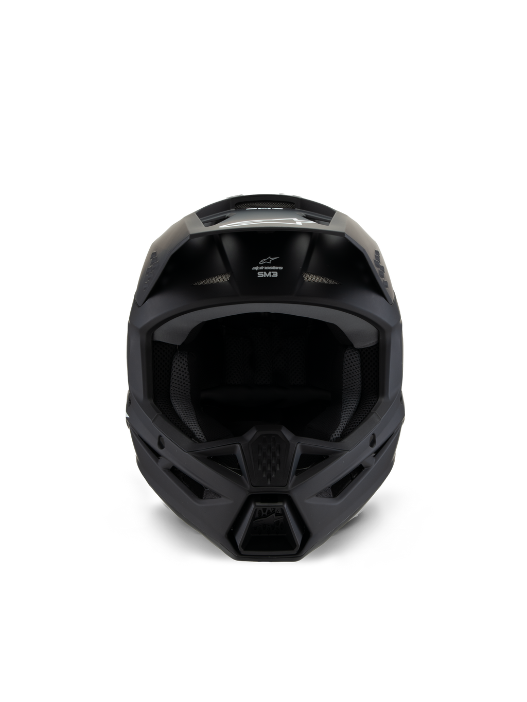 Alpinestars S-M3 Youth Solid Helmet, Motocross Helmet, Black Matt, front view, featuring a matte finish, ventilation ports on the chin bar and forehead, white SM3 logo, sleek aerodynamic design for off-road racing