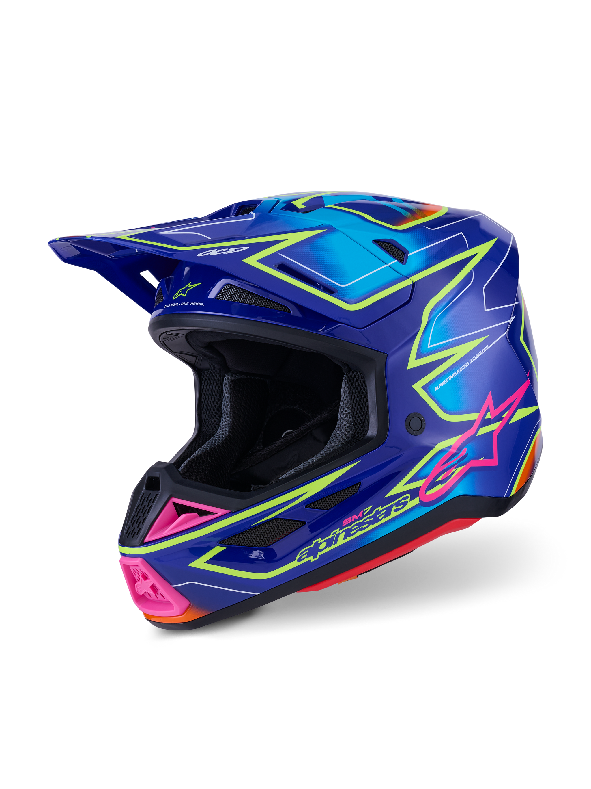 Alpinestars S-M7 Cast Helm ECE 22.06, motorcrosshelm, blauw roze en geel fluo glanzend, driekwart zijaanzicht, aerodynamische schaal met meerdere ventilatieopeningen, levendig grafisch ontwerp met roze accenten en neongele omlijningen.
