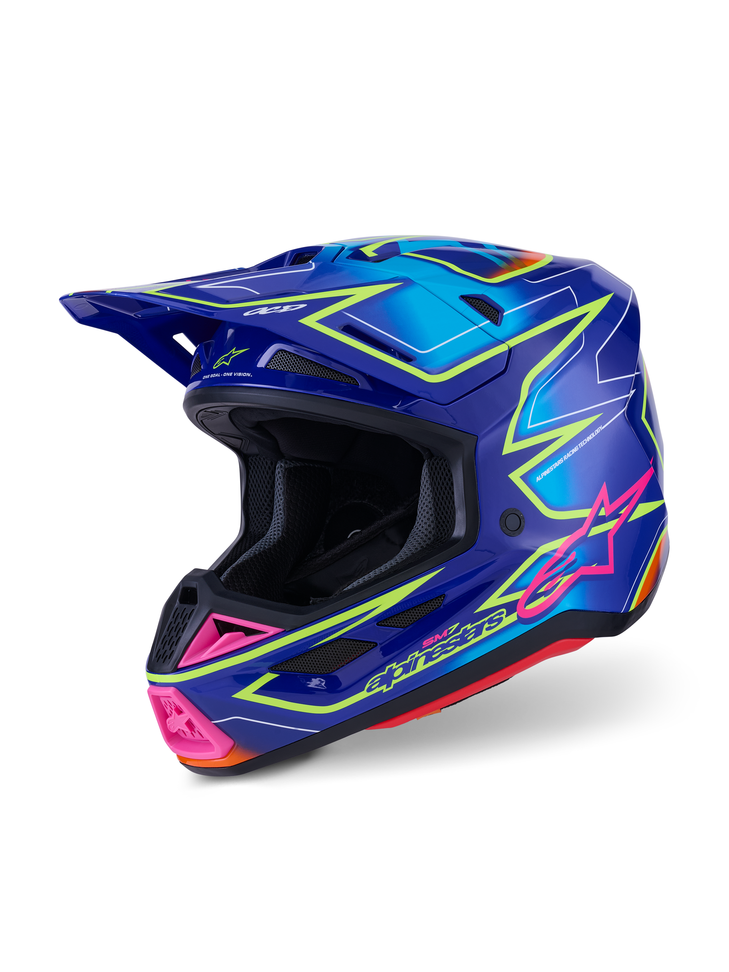 Alpinestars S-M7 Cast Helmet ECE 22.06, casque de motocross, bleu, rose et jaune fluo brillant, vue de trois-quarts, coque aérodynamique avec de multiples ports de ventilation, graphisme vibrant avec accents roses et contours jaune fluo.