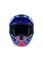 Alpinestars S-M7 Cast Helmet ECE 22.06, casque de motocross, bleu, rose et jaune fluo brillant, vue de face montrant une coque aérodynamique agressive, mentonnière ventilée avec accents roses et large ouverture faciale pour la course tout-terrain