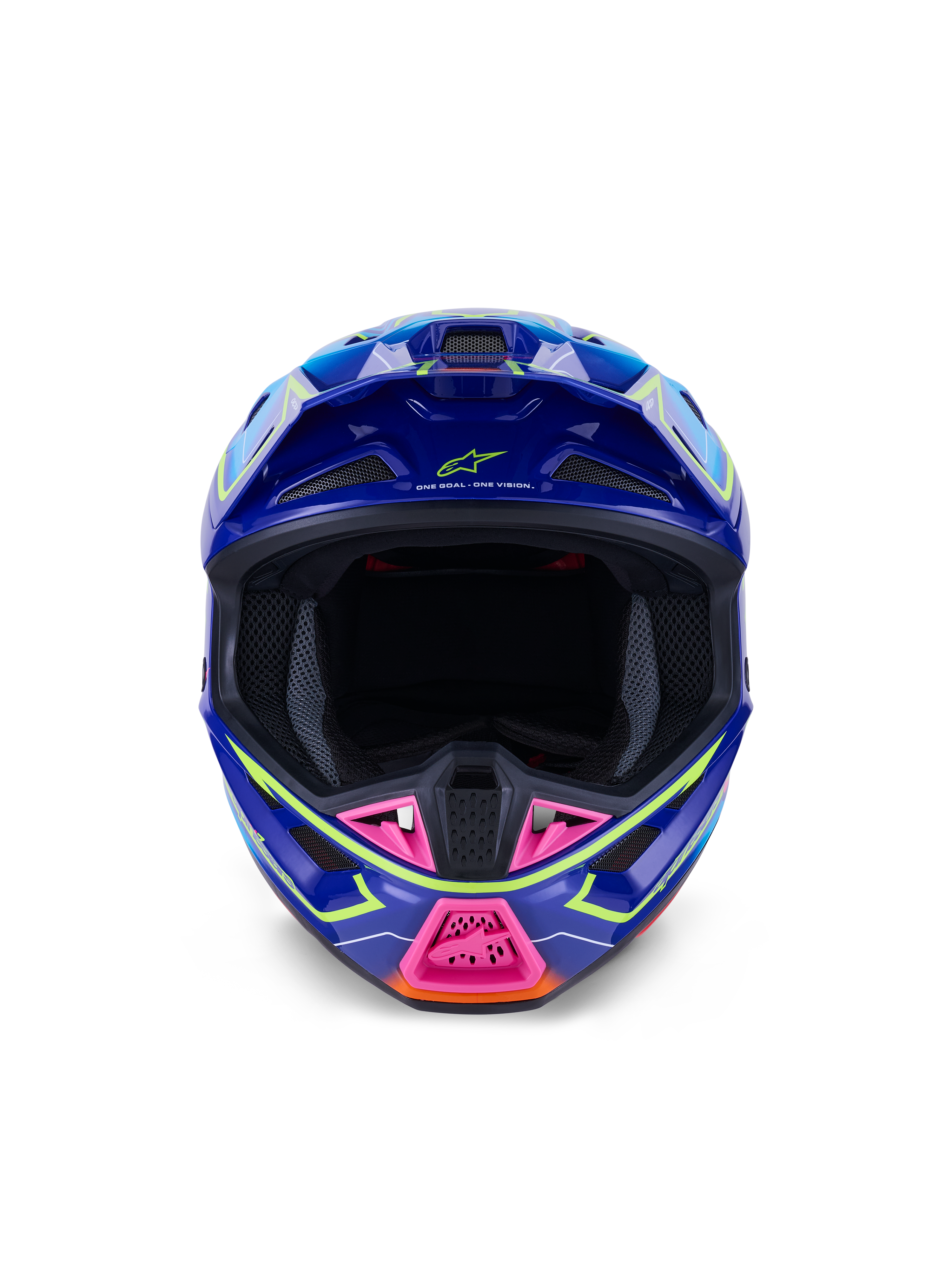 Alpinestars S-M7 Cast Helmet ECE 22.06, casque de motocross, bleu, rose et jaune fluo brillant, vue de face montrant une coque aérodynamique agressive, mentonnière ventilée avec accents roses et large ouverture faciale pour la course tout-terrain