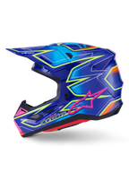 Casque Alpinestars S-M7 Cast, casque de motocross, bleu avec accents rose et jaune fluo brillants, vue de profil présentant la coque composite aérodynamique, les ports de ventilation intégrés, le logo étoile rose et le marquage jaune, conçu pour la protection en compétition tout-terrain.