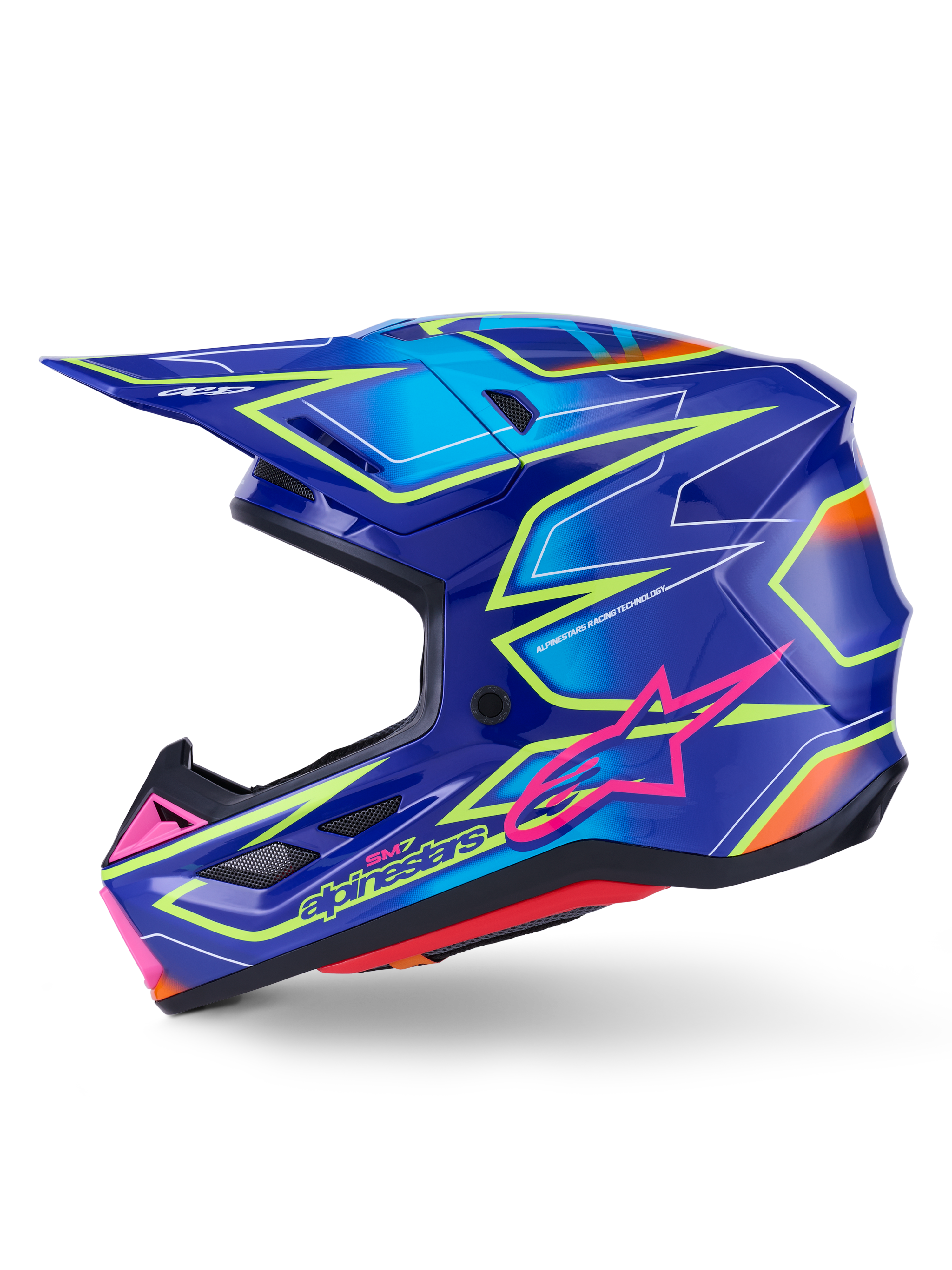Casque Alpinestars S-M7 Cast, casque de motocross, bleu avec accents rose et jaune fluo brillants, vue de profil présentant la coque composite aérodynamique, les ports de ventilation intégrés, le logo étoile rose et le marquage jaune, conçu pour la protection en compétition tout-terrain.