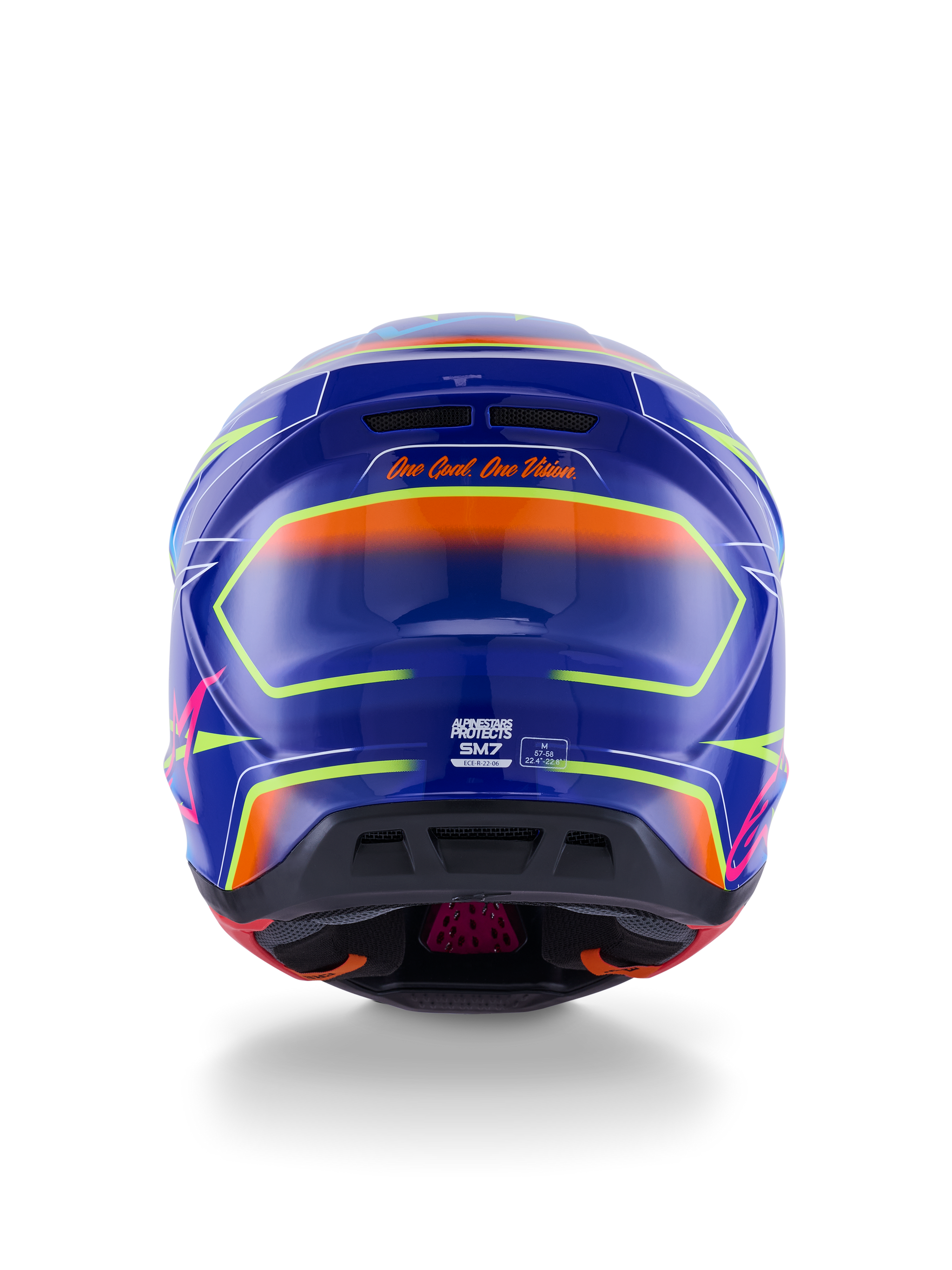 Alpinestars S-M7 Cast Helm ECE 22.06, motorcrosshelm, blauw, roze en fluogeel glanzend, achteraanzicht met de slogan 'One Goal. One Vision.', aerodynamische composietschaal met geïntegreerde ventilatieopeningen en levendige neon accenten