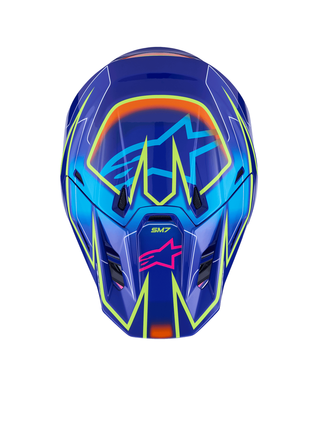 Casque Alpinestars S-M7 Cast, casque de motocross, bleu, rose et jaune fluo brillant, vue de face présentant des lignes géométriques jaune fluo éclatantes, logo étoile Alpinestars rose sur la mentonnière et logo étoile bleu clair sur la zone de la visière, conception de coque aérodynamique pour la course tout-terrain