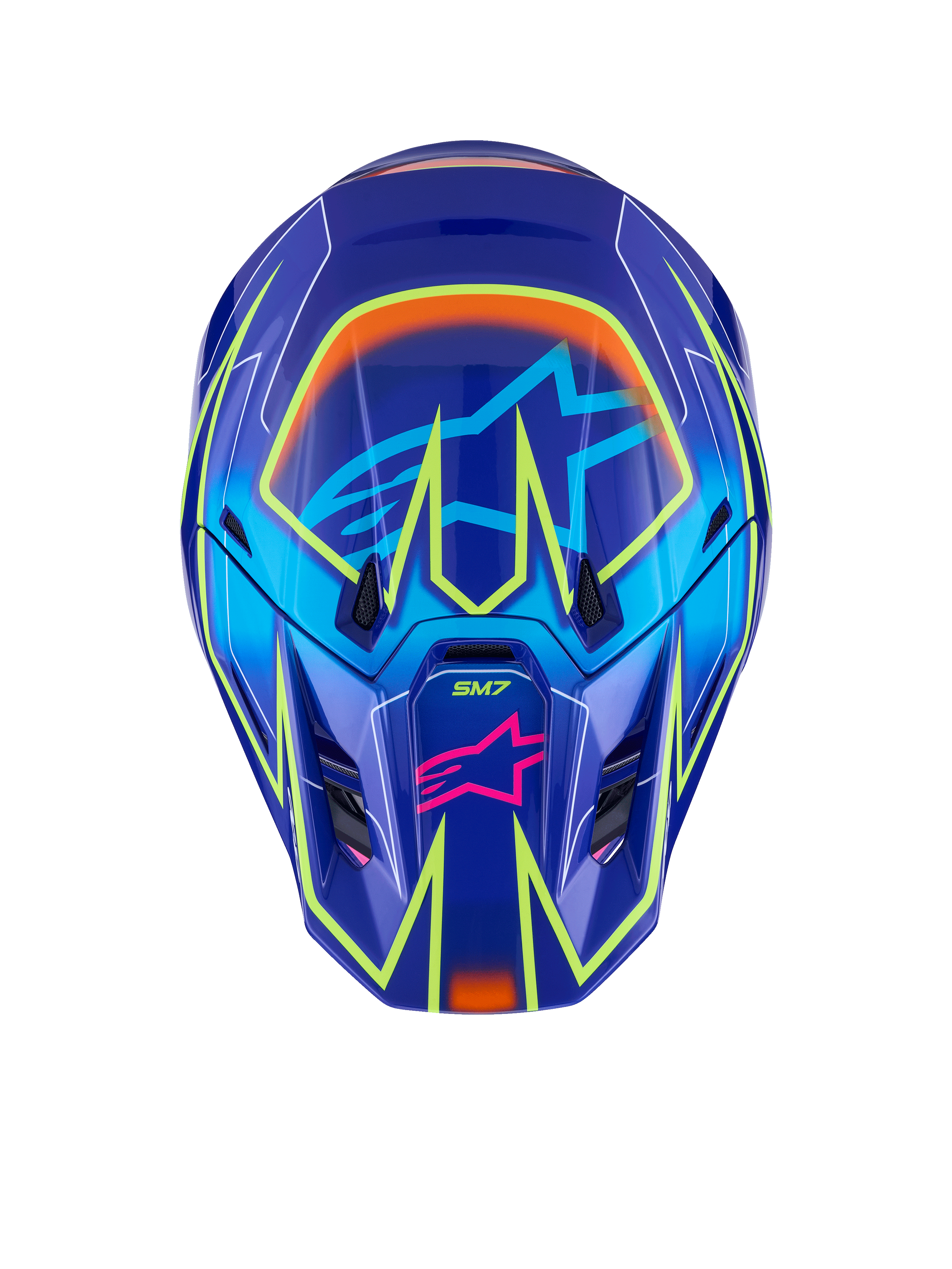 Casque Alpinestars S-M7 Cast, casque de motocross, bleu, rose et jaune fluo brillant, vue de face présentant des lignes géométriques jaune fluo éclatantes, logo étoile Alpinestars rose sur la mentonnière et logo étoile bleu clair sur la zone de la visière, conception de coque aérodynamique pour la course tout-terrain