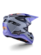 Alpinestars S-M3 Jettson ECE 22.06, casque de motocross, gris, violet et noir brillant, vue de trois-quarts arrière montrant la coque thermo-injectée aérodynamique avec des ports de ventilation et un design graphique audacieux