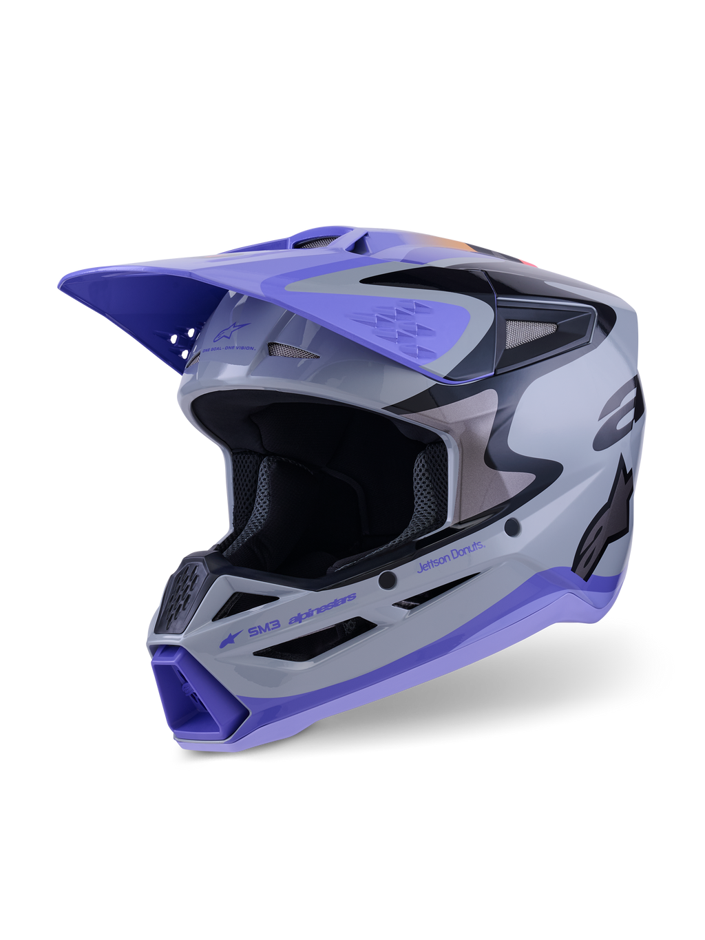 Alpinestars S-M3 Jettson Helmet ECE 22.06, casque de motocross, gris, violet et noir brillant, vue de face trois-quarts présentant une visière violette, des accents de marque noirs et de multiples ports de ventilation pour des performances tout-terrain.