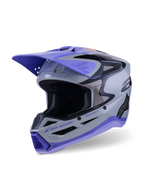 Alpinestars S-M3 Jettson Helmet ECE 22.06, casque de motocross, gris, violet et noir brillant, vue de face trois-quarts présentant une visière violette, des accents de marque noirs et de multiples ports de ventilation pour des performances tout-terrain.