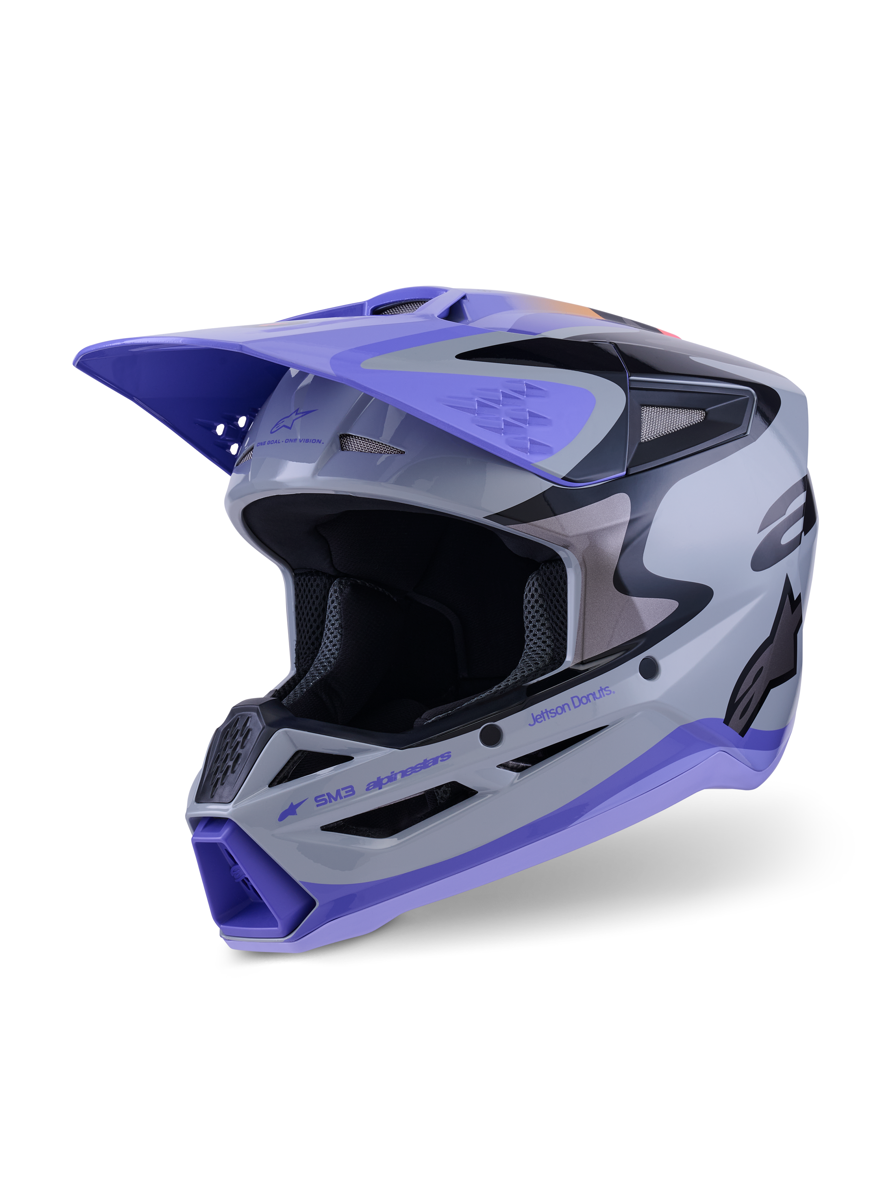 Alpinestars S-M3 Jettson Helmet ECE 22.06, casque de motocross, gris, violet et noir brillant, vue de face trois-quarts présentant une visière violette, des accents de marque noirs et de multiples ports de ventilation pour des performances tout-terrain.