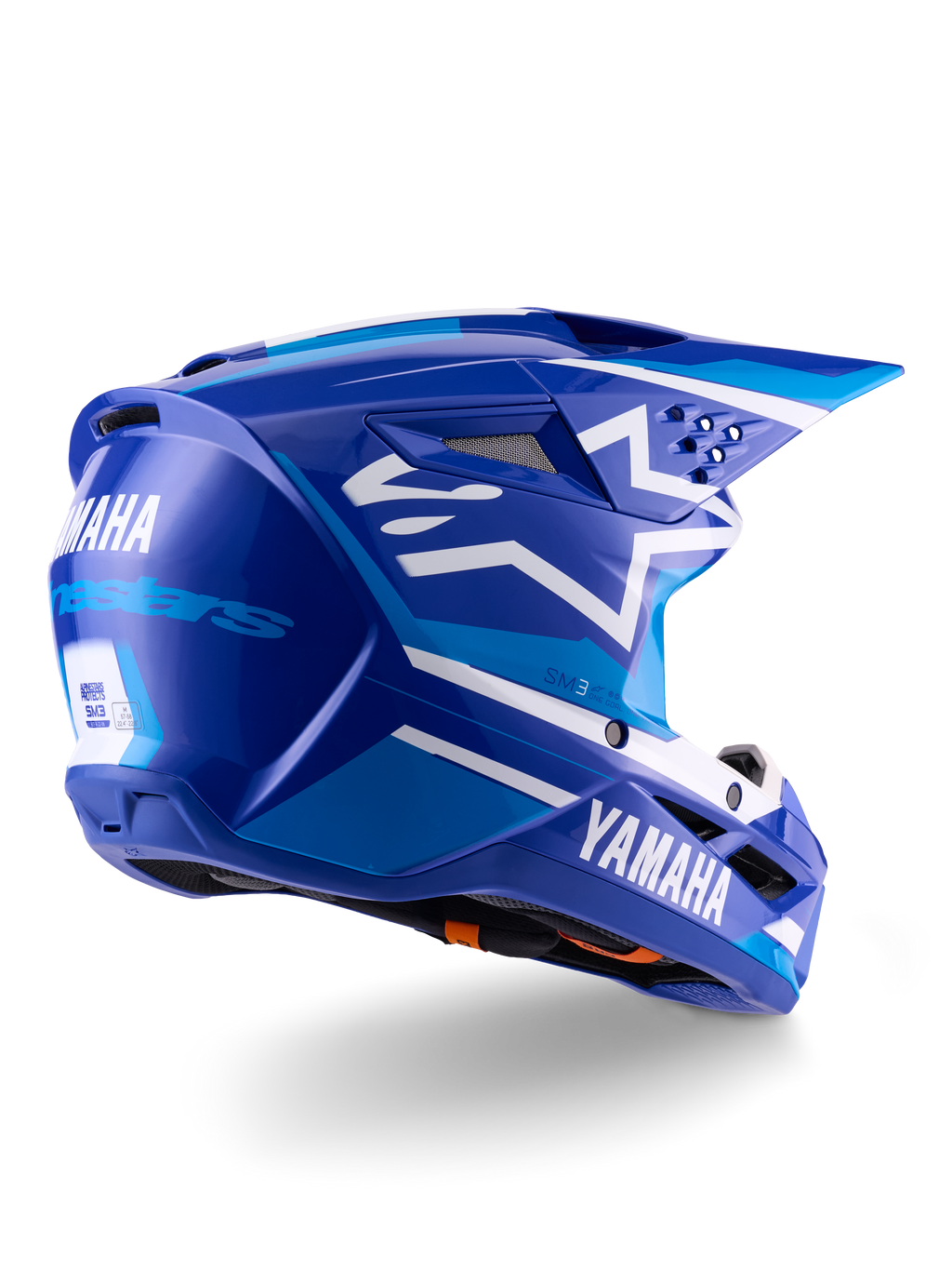 Alpinestars Yamaha S-M3 helm ECE 22.06, motocrosshelm, blauw wit glanzend, voorzien van Yamaha- en Alpinestars-branding, wit sterlogo op de zijkant, meerdere inlaat- en uitlaatopeningen, aerodynamisch ontwerp voor off-road prestaties