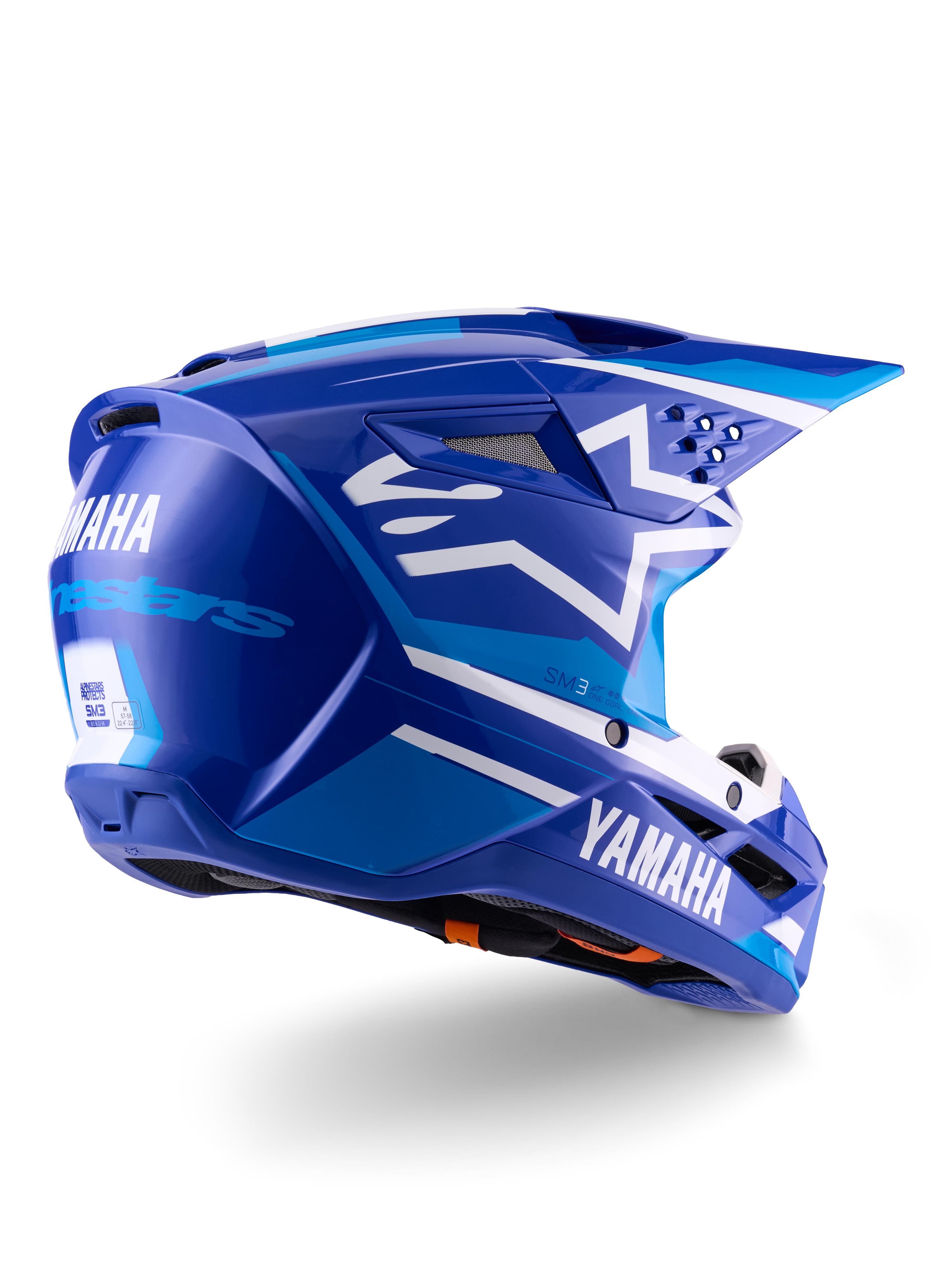 Alpinestars Yamaha S-M3 helm ECE 22.06, motocrosshelm, blauw wit glanzend, voorzien van Yamaha- en Alpinestars-branding, wit sterlogo op de zijkant, meerdere inlaat- en uitlaatopeningen, aerodynamisch ontwerp voor off-road prestaties
