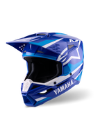 Alpinestars Yamaha S-M3 helm, motorcrosshelm, blauw en wit glanzend, met opvallende Yamaha-branding en Alpinestars sterlogo, hoekig ontwerp met een zonneklep en geventileerde kinbescherming, professionele off-road race-uitrusting
