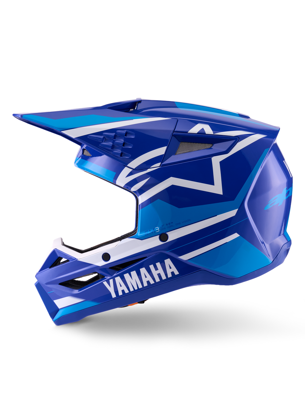 Alpinestars Yamaha S-M3 helm, motocrosshelm, glanzend blauw en wit, zijaanzicht met Yamaha-branding op de kinbeschermer en Alpinestars sterlogo, aerodynamische schaal met ventilatieopeningen voor off-road racen