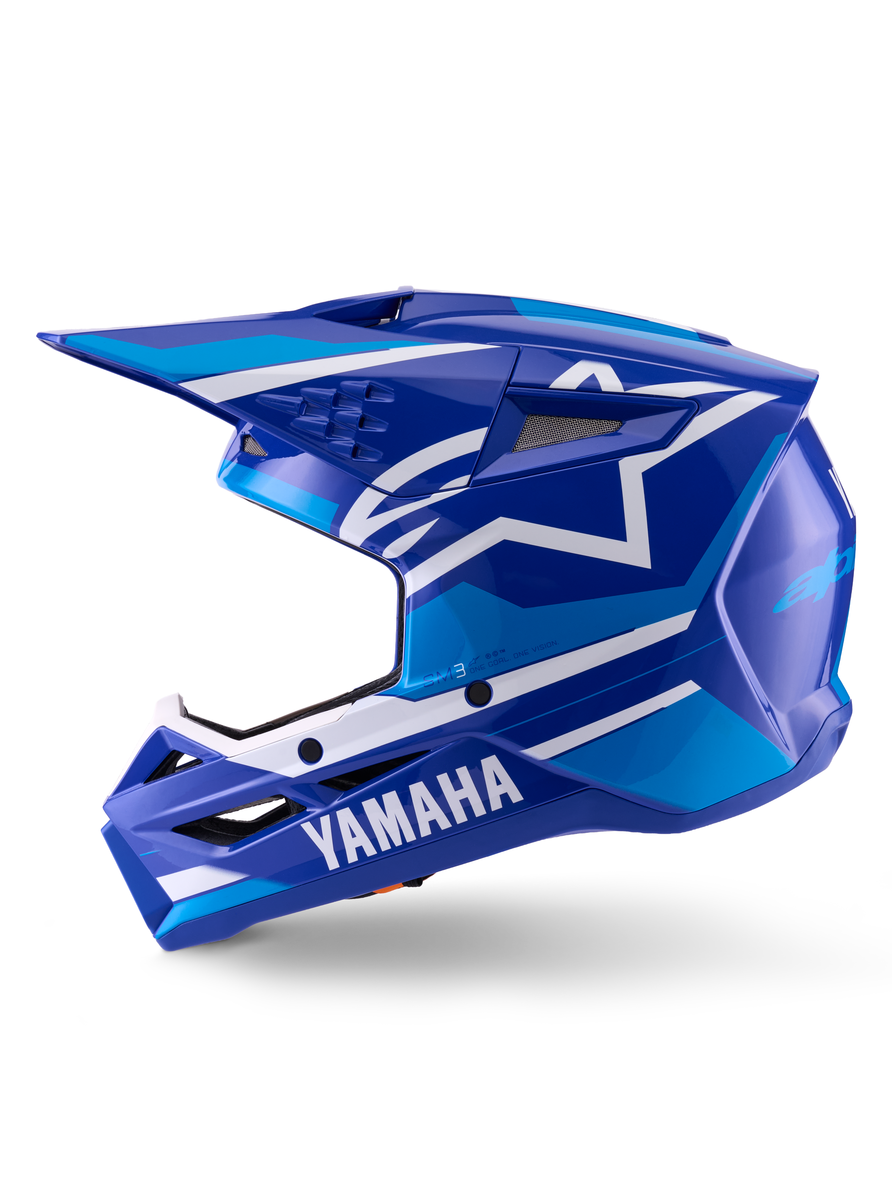 Alpinestars Yamaha S-M3 helm, motocrosshelm, glanzend blauw en wit, zijaanzicht met Yamaha-branding op de kinbeschermer en Alpinestars sterlogo, aerodynamische schaal met ventilatieopeningen voor off-road racen